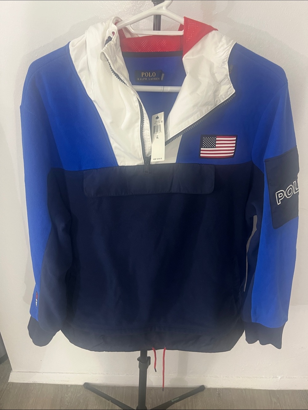 Polo by Ralph Lauren Blue & Navy Hooded Pullover Fleece Jacket with White Hood